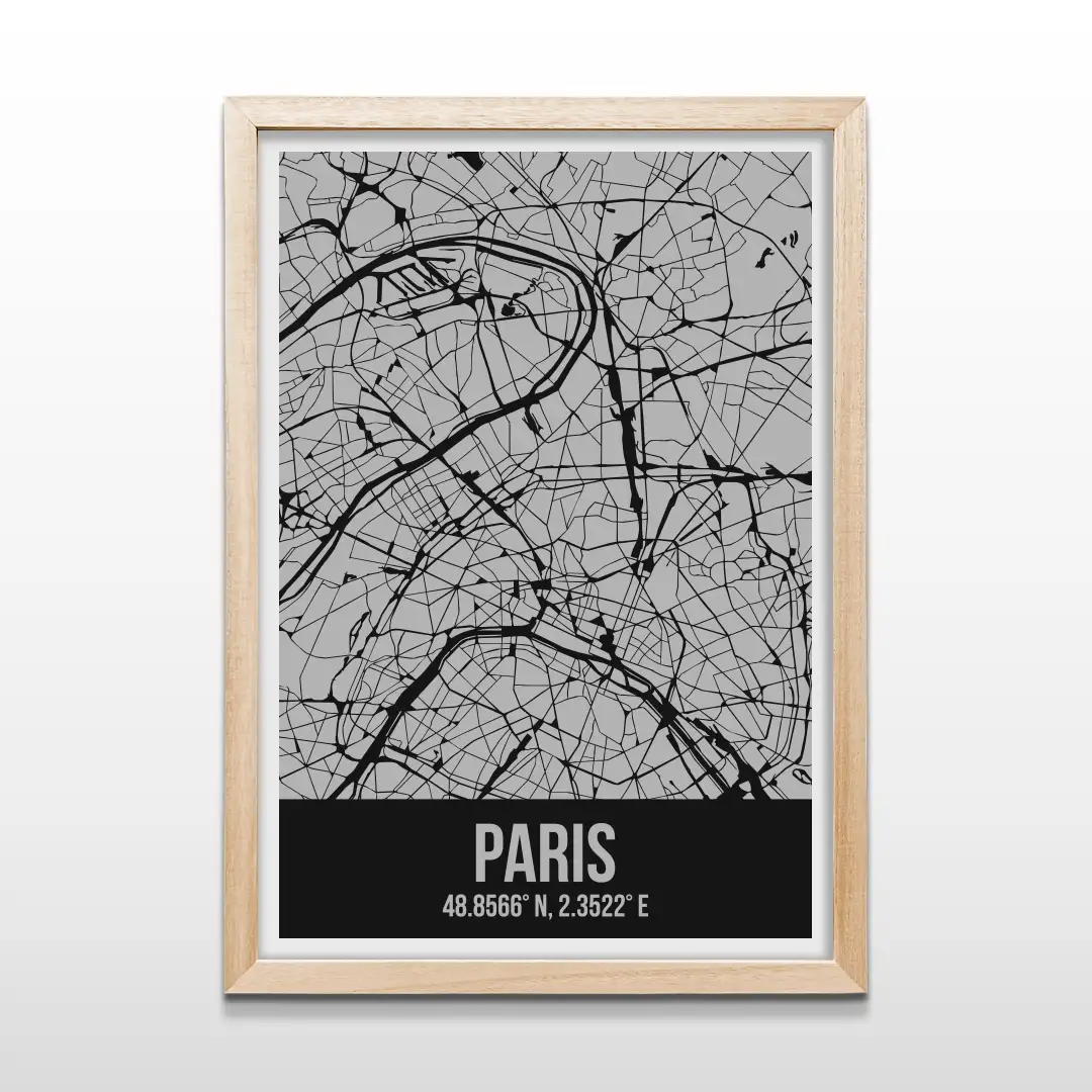 Cuadro minimalista del mapa de calles de París en líneas negras sobre fondo gris con marco de madera natural, arte cartográfico urbano contemporáneo para decorar livings y dormitorios