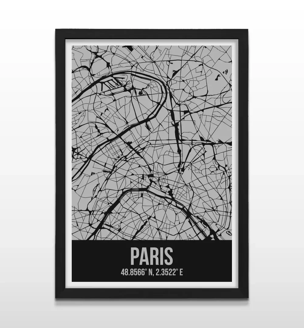 Cuadro moderno del plano urbano de París en color gris y negro con marco negro de madera, póster cartográfico de diseño minimalista para decoración de oficinas o salas de estar
