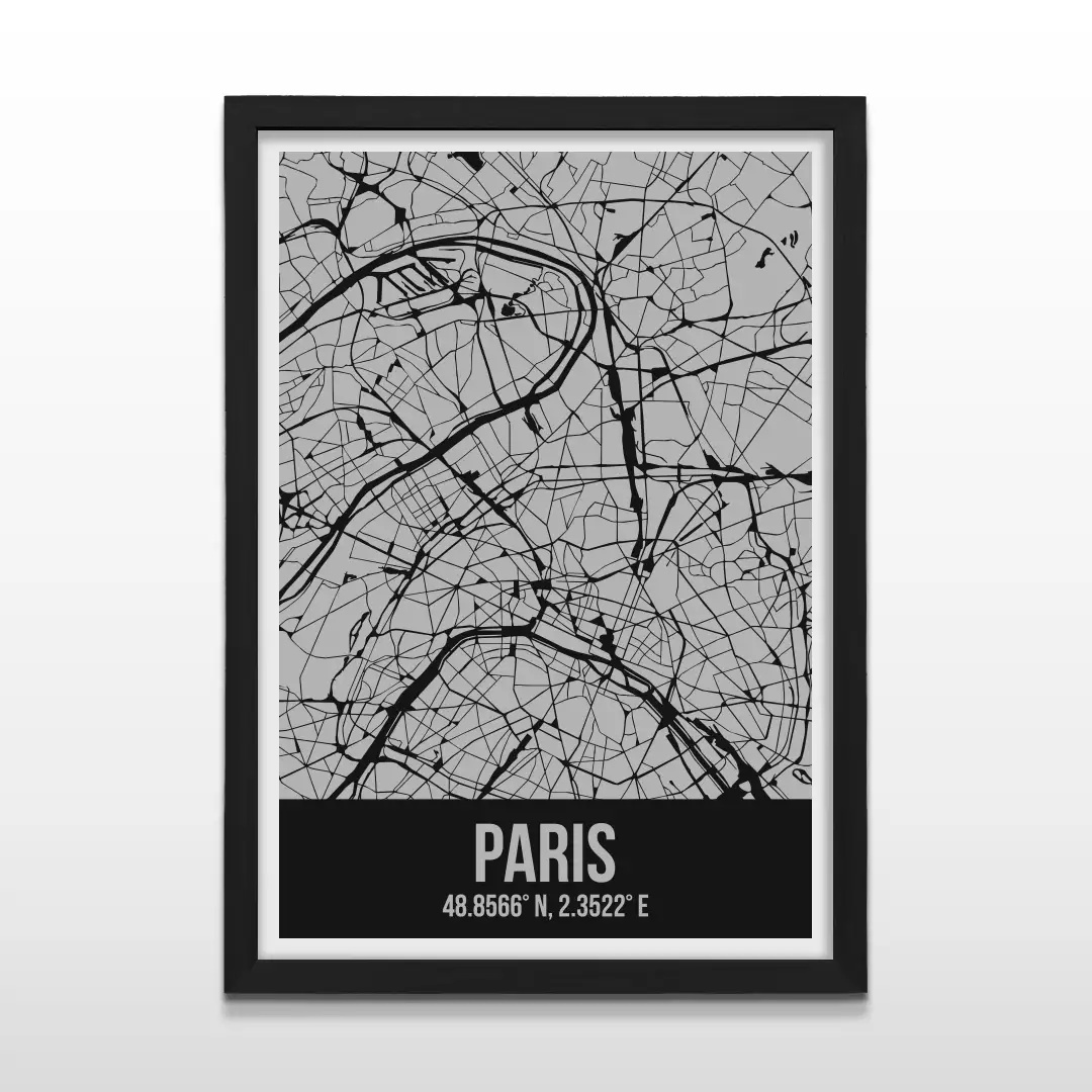 Cuadro moderno del plano urbano de París en color gris y negro con marco negro de madera, póster cartográfico de diseño minimalista para decoración de oficinas o salas de estar