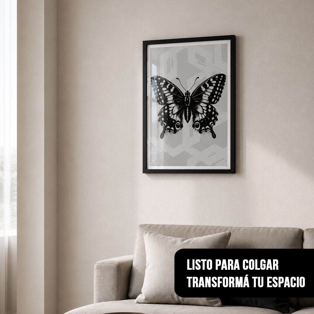Cuadro vertical enmarcado en negro de una mariposa ilustrada sobre fondo gris, colgado en una pared beige sobre un sillón crema en un living luminoso