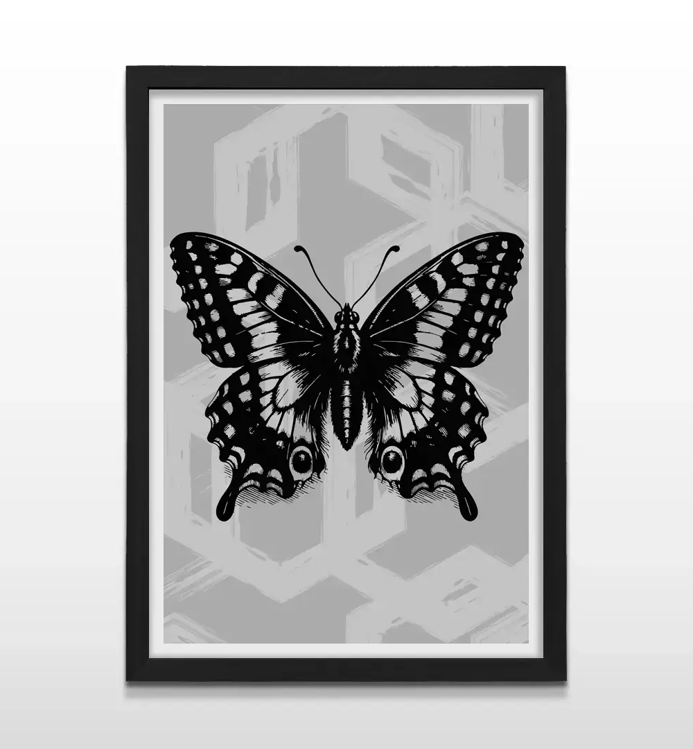 Cuadro vintage de mariposa con marco negro, arte de pared retro para decoración de interiores elegante y estudios