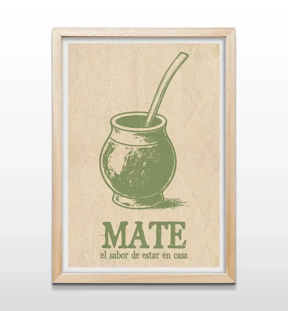Cuadro de mate con marco de madera natural, decoración de pared rústica y cálida para cocinas, comedores y rincones materos