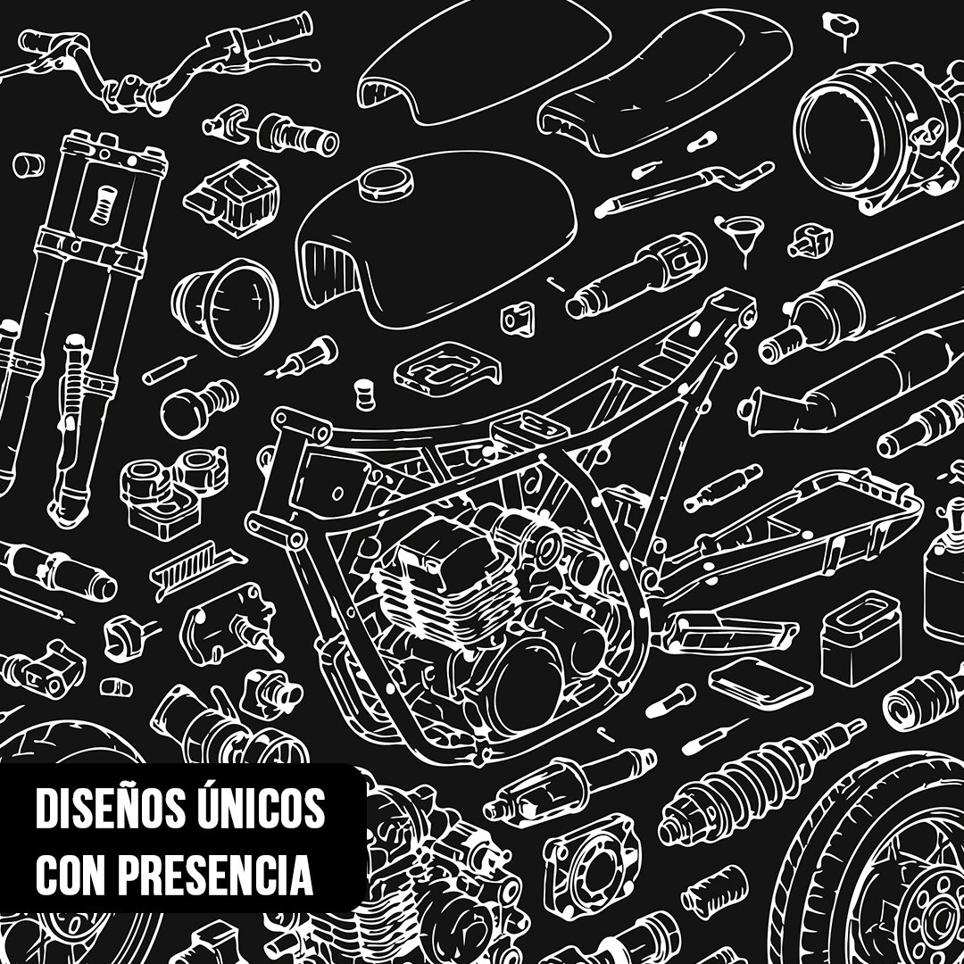 Primer plano de plano técnico despiezado de motocicleta con chasis, motor y piezas en blanco sobre negro