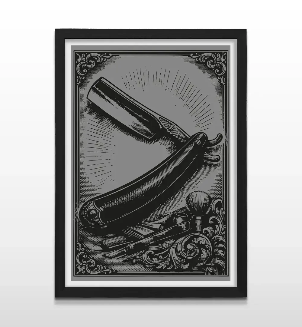 Cuadro moderno de navaja de afeitar vintage con marco negro, regalo original para barberos y decoración de interiores masculina