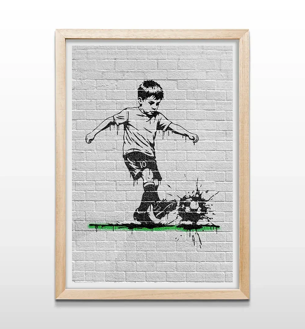 Cuadro de fútbol estilo arte callejero con marco de madera natural, decoración de pared para dormitorio infantil o juvenil
