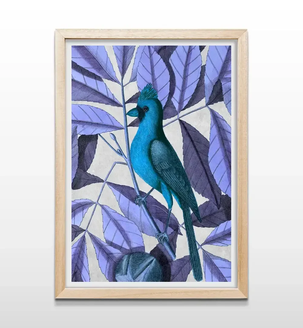 Cuadro de pájaro en una rama con marco de madera natural, decoración de pared estilo nórdico y orgánico para dormitorios y salas de estar