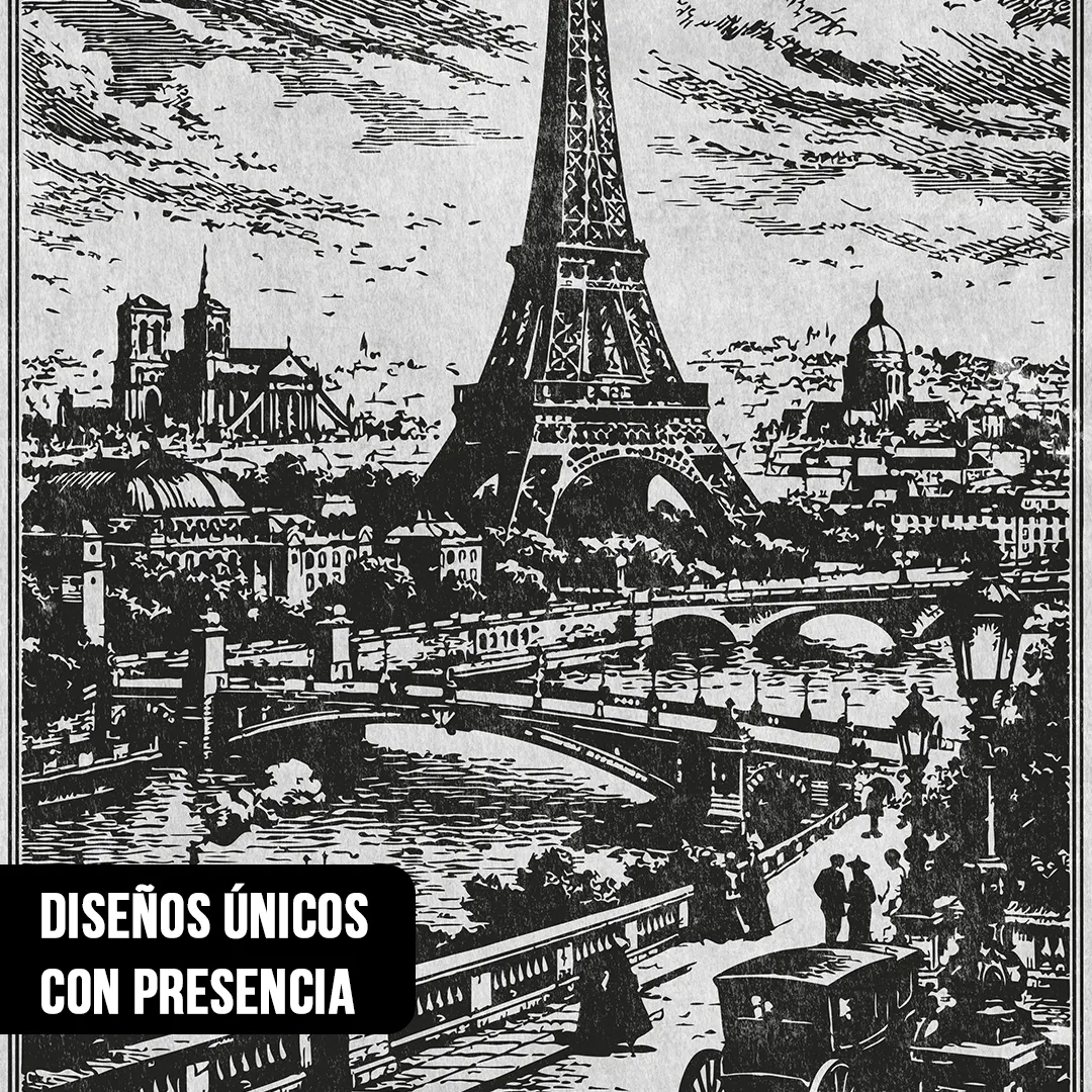 Primer plano de grabado vintage en blanco y negro de París con la Torre Eiffel y el río Sena