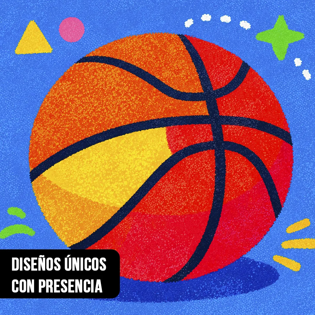 Primer plano de ilustración infantil de pelota de básquet colorida con textura granulada sobre fondo azul