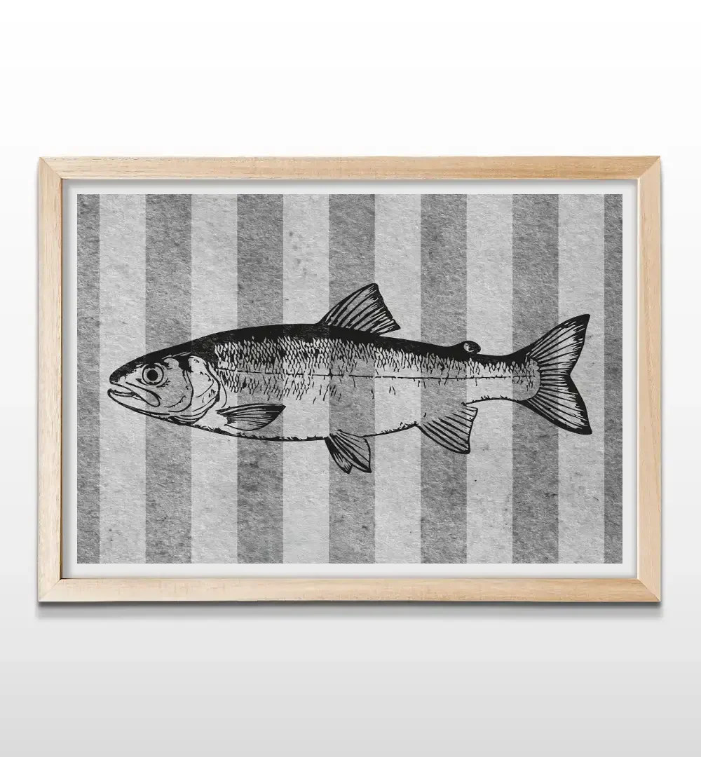 Cuadro de pez con marco de madera natural, decoración de pared de estilo nórdico y costero para livings y espacios luminosos
