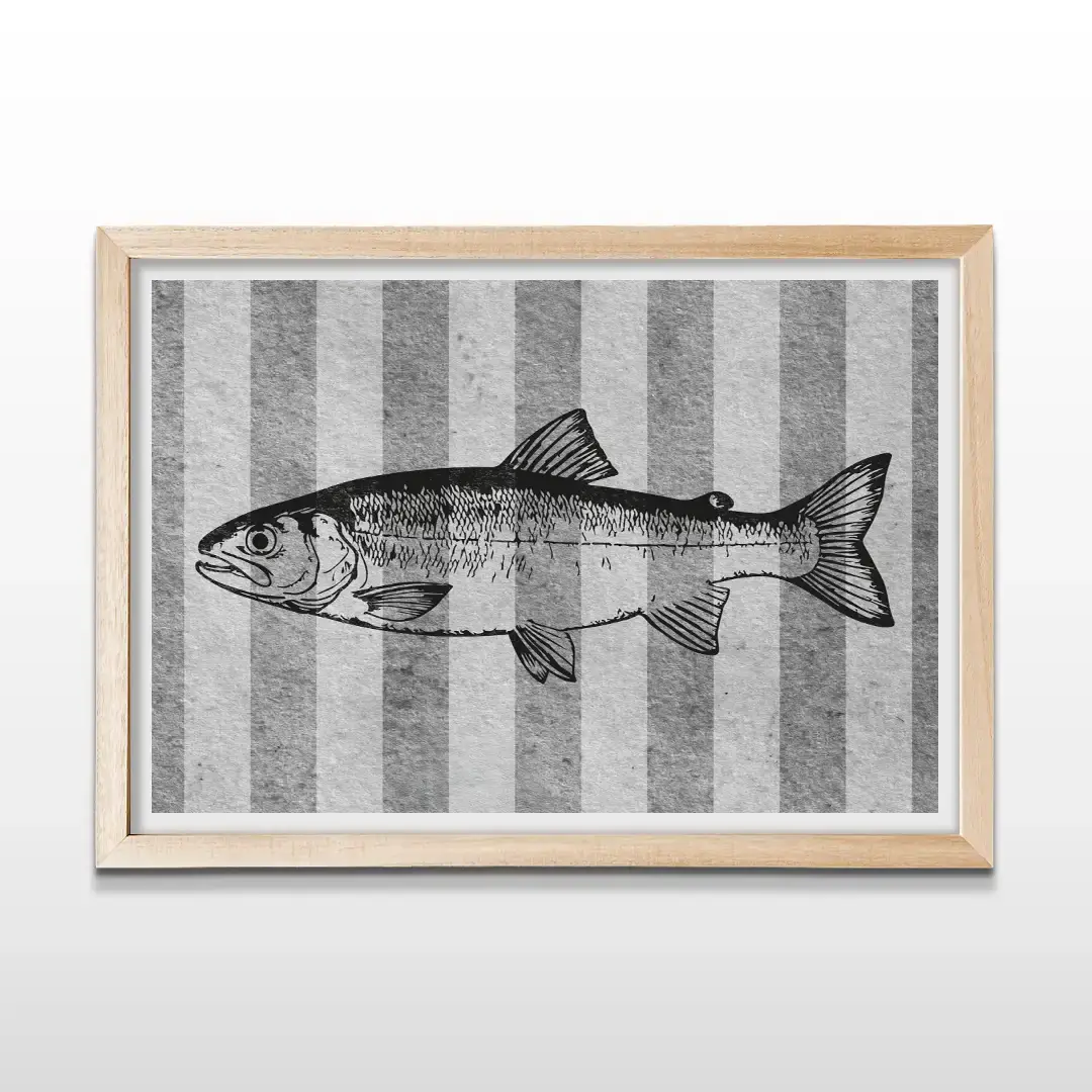 Cuadro de pez con marco de madera natural, decoración de pared de estilo nórdico y costero para livings y espacios luminosos