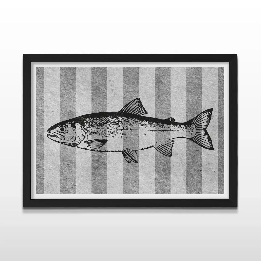 Cuadro moderno de silueta de pez con marco negro, arte de pared contemporáneo y regalo ideal para amantes del diseño y la vida marina