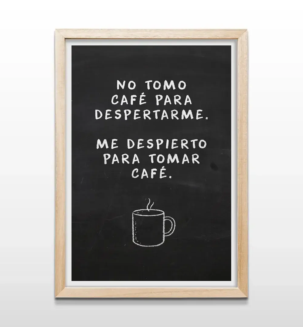 Cuadro de café con frase minimalista y marco de madera natural, arte de pared para cafeterías y rincones de desayuno