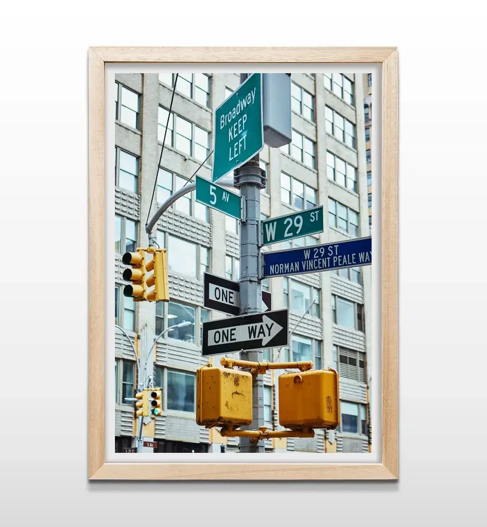 Cuadro de fotos de Nueva York con marco de madera natural, arte de pared urbano para decoración de oficinas y salas modernas.