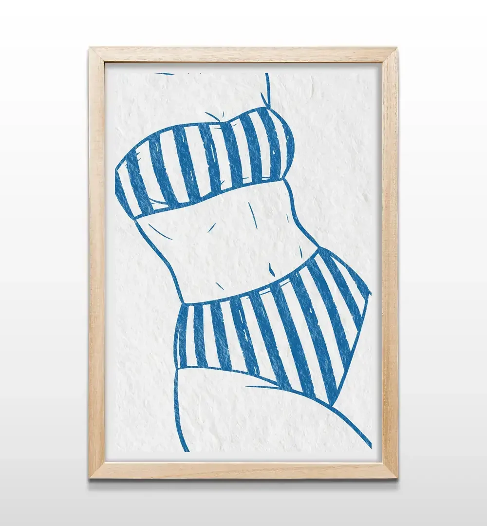 Cuadro de traje de baño con marco de madera natural, decoración de pared estilo náutico para baños, vestidores y casas de playa