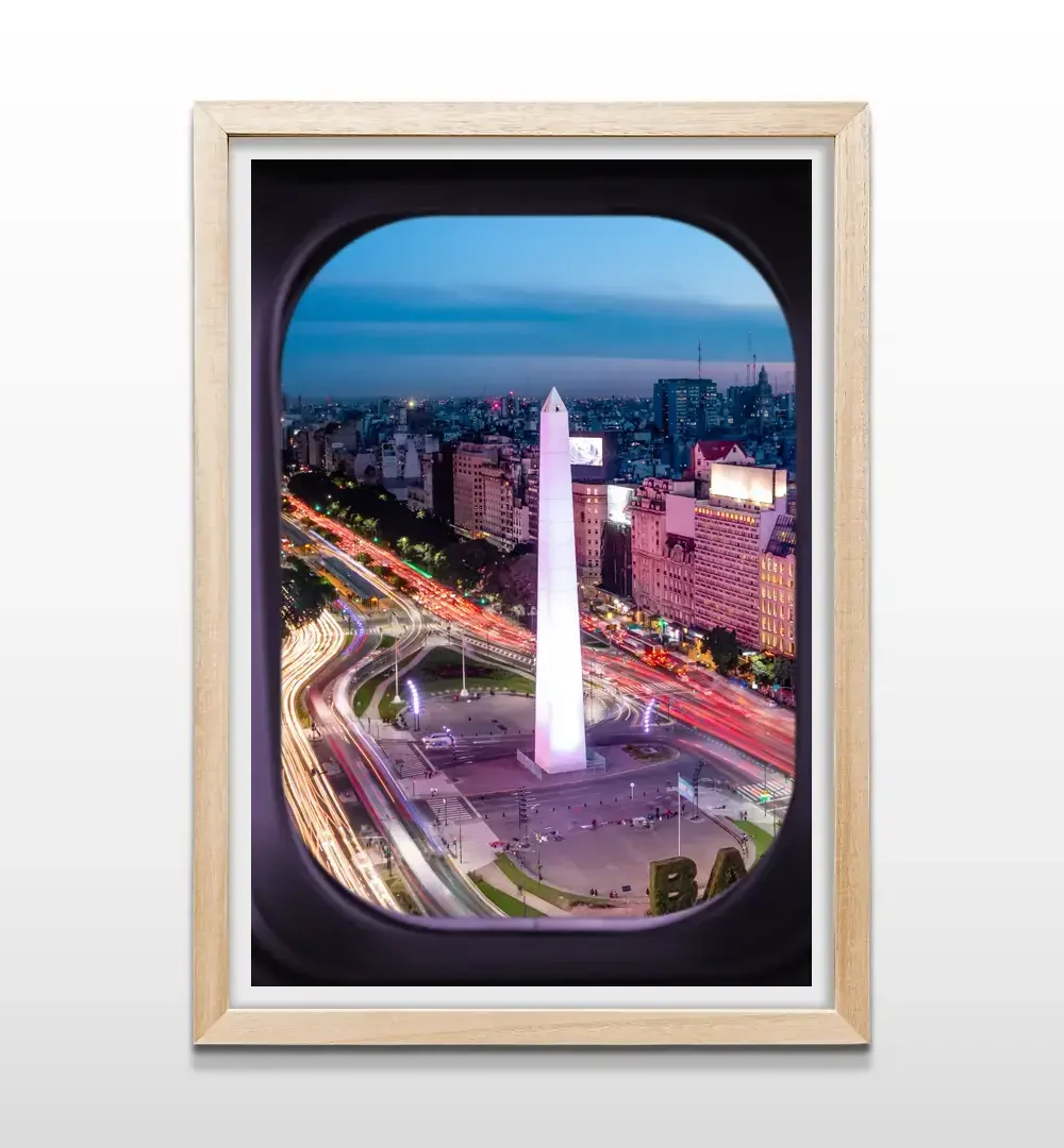 Cuadro de Buenos Aires desde el avión con marco de madera natural, decoración de interiores para amantes de los viajes