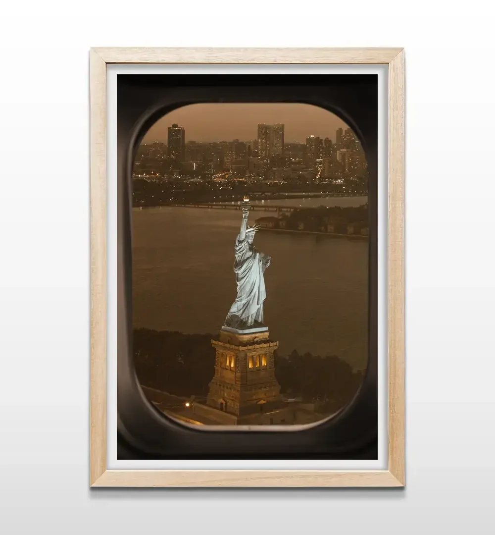 Cuadro de Nueva York desde el avión con marco de madera natural, arte de pared para decoración de oficinas y salas modernas