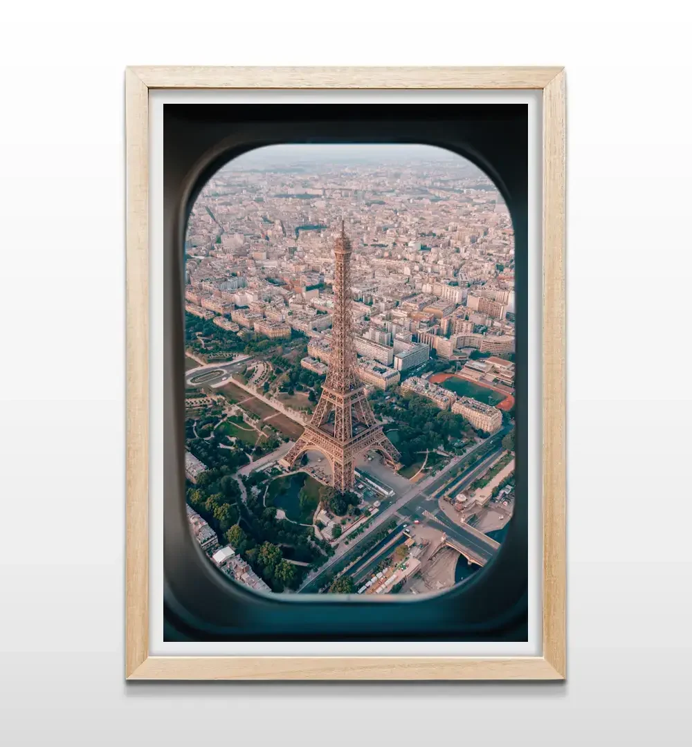 Cuadro de París desde el avión con marco de madera natural, arte de pared para viajeros ideal para decoración de dormitorios y salas