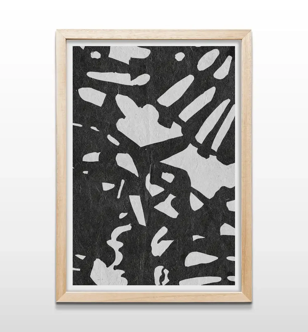 Cuadro abstracto minimalista en blanco y negro con marco de madera natural, arte de pared elegante para livings contemporáneos y habitaciones de estilo orgánico