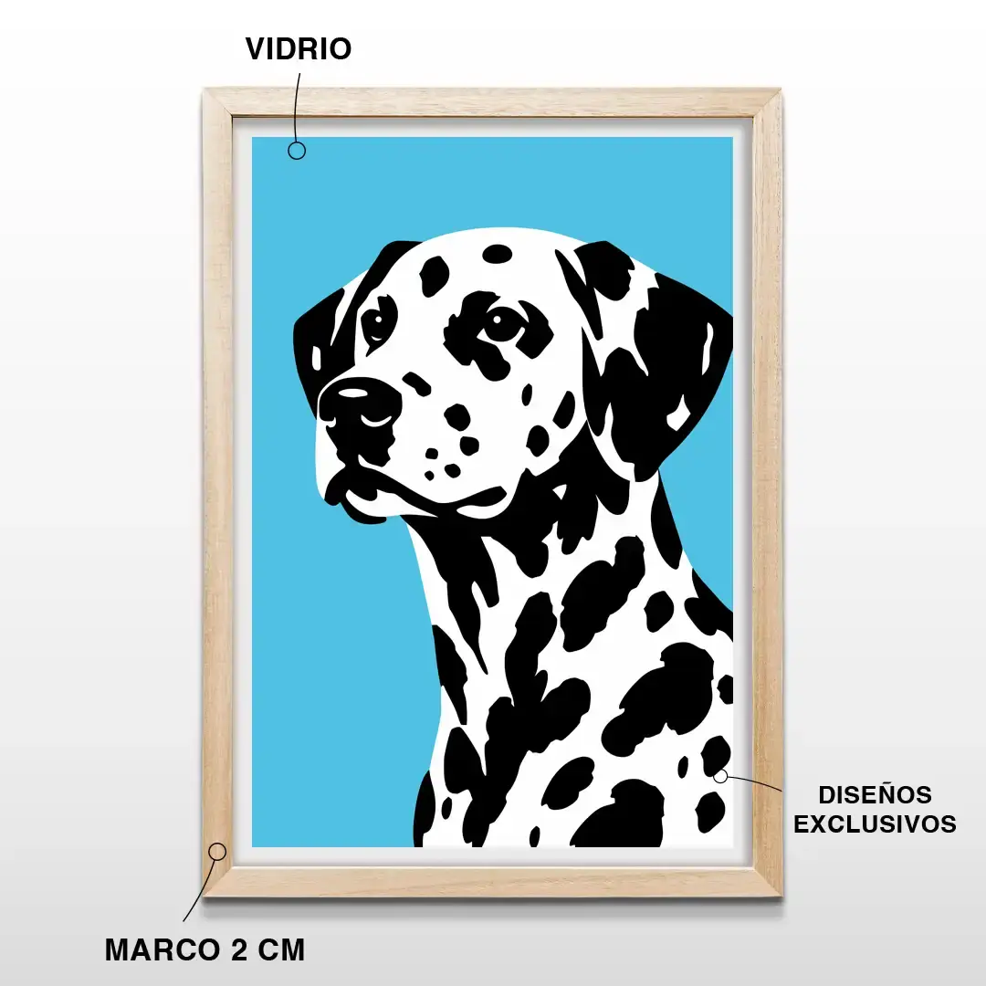 Cuadro decorativo con retrato abstracto de perro dálmata sobre fondo celeste, marco de madera de 2 cm, vidrio protector y lámina artística de alta resolución