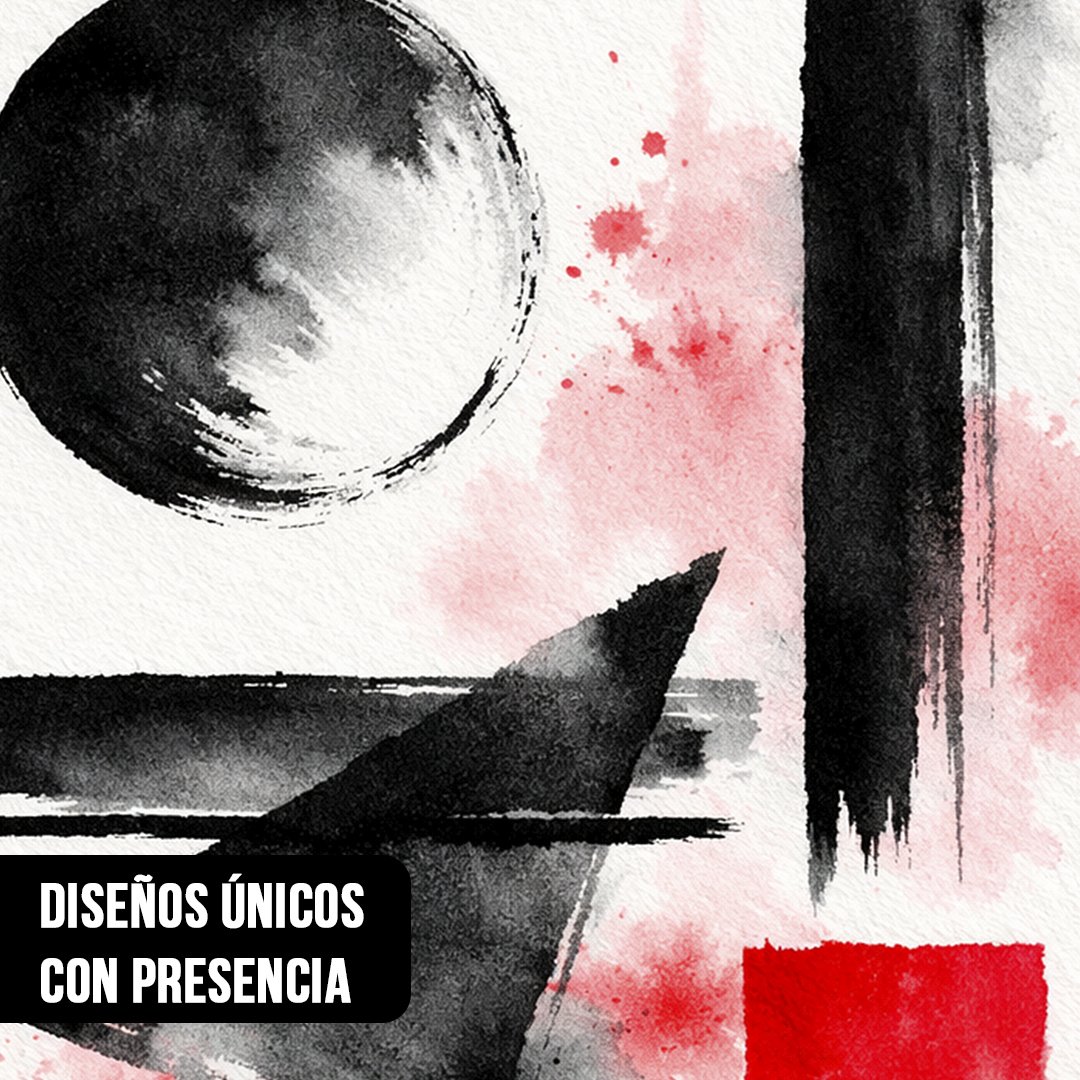 Primer plano de una pintura abstracta con un círculo negro de tinta, un triángulo oscuro y manchas de acuarela rojas y rosadas sobre un fondo blanco texturizado