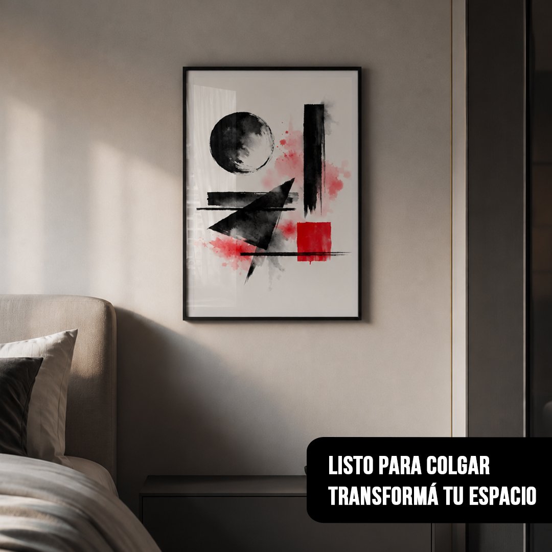 Cuadro vertical enmarcado en negro con figuras geométricas abstractas en negro y rojo, colgado sobre la mesa de luz junto a la cabecera de una cama en un dormitorio moderno