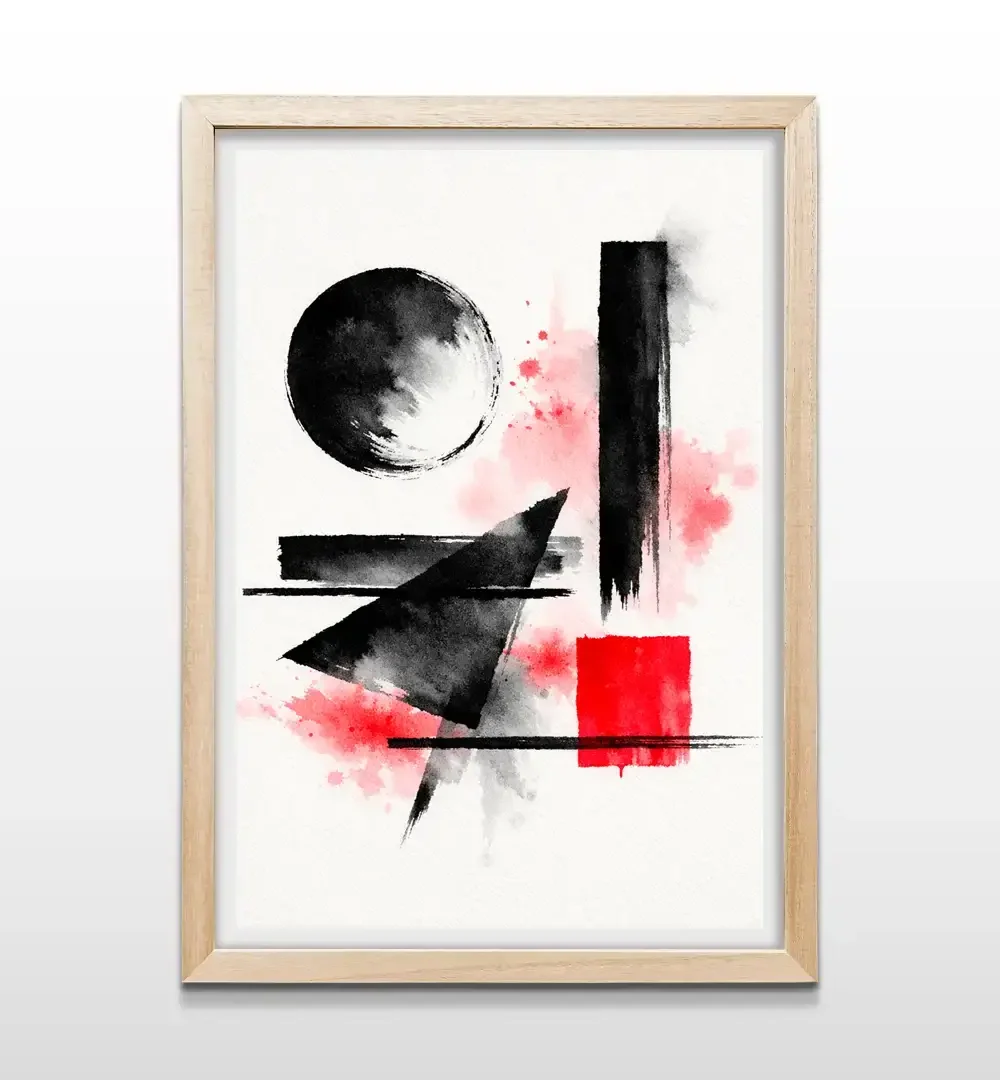 Cuadro geométrico abstracto con marco de madera natural, decoración de pared de estilo moderno y orgánico para livings y estudios creativos