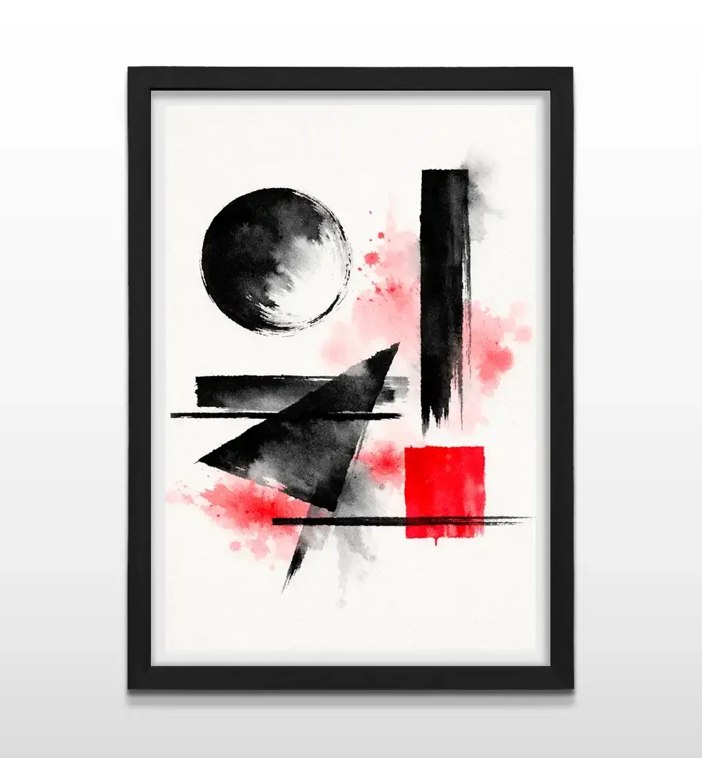 Cuadro moderno de figuras abstractas con marco negro, arte de pared geométrico de alto contraste y regalo ideal para arquitectos y amantes del diseño