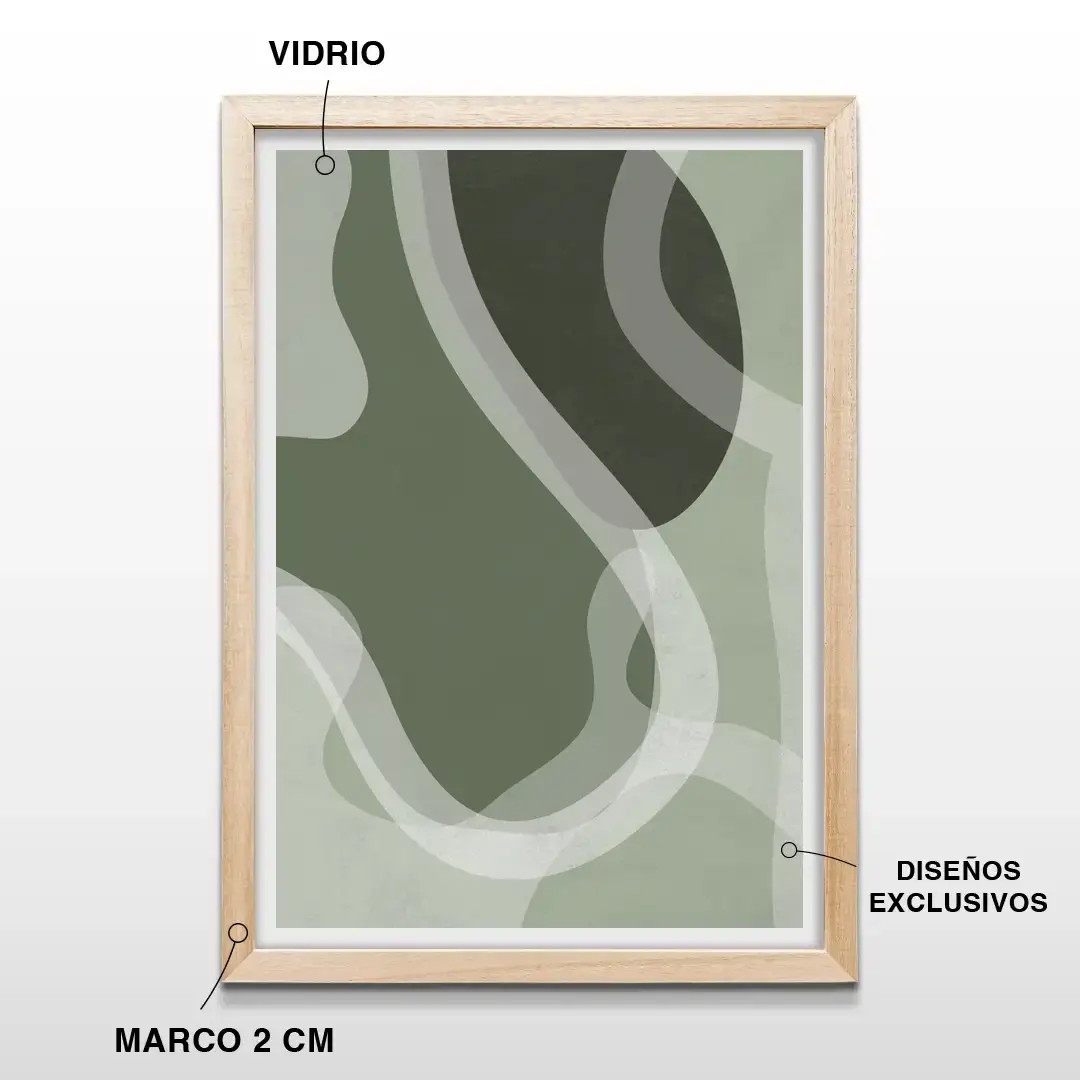 Cuadro decorativo de figuras abstractas estilo nórdico en tonos verdes, marco de madera natural de 2 cm, vidrio protector y lámina premium de alta resolución