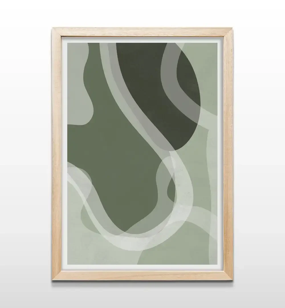 Cuadro de formas abstractas verdes con marco de madera natural, arte de pared nórdico para livings, cocinas y comedores de estética orgánica