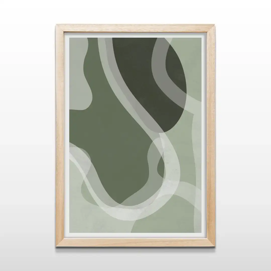 Cuadro de formas abstractas verdes con marco de madera natural, arte de pared nórdico para livings, cocinas y comedores de estética orgánica