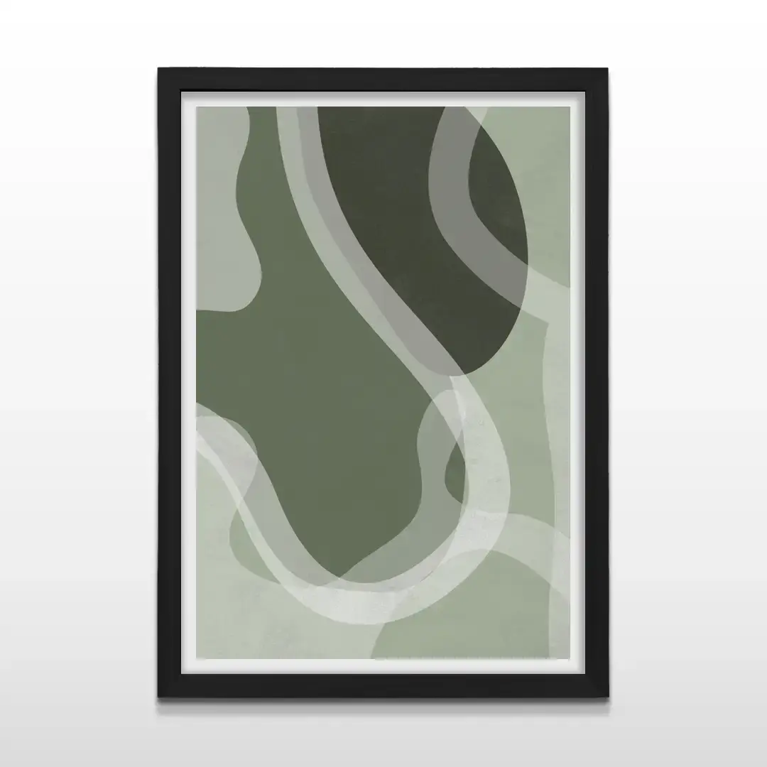 Cuadro moderno de figuras verdes abstractas con marco negro, decoración de alto impacto visual y regalo ideal para amantes del diseño nórdico