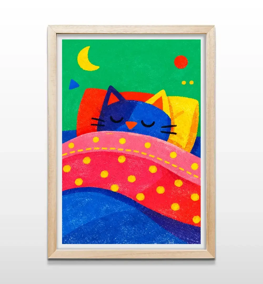 Cuadro infantil de gato durmiendo con marco de madera natural, arte de pared tierno para habitaciones de bebés y decoración de niños de estilo nórdico u orgánico