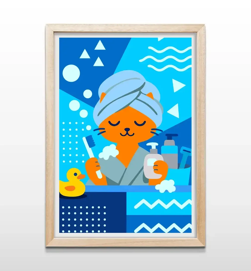 Cuadro de gato naranja en spa con marco de madera natural, arte de pared elegante para baños contemporáneos y habitaciones infantiles con decoración de estilo nórdico