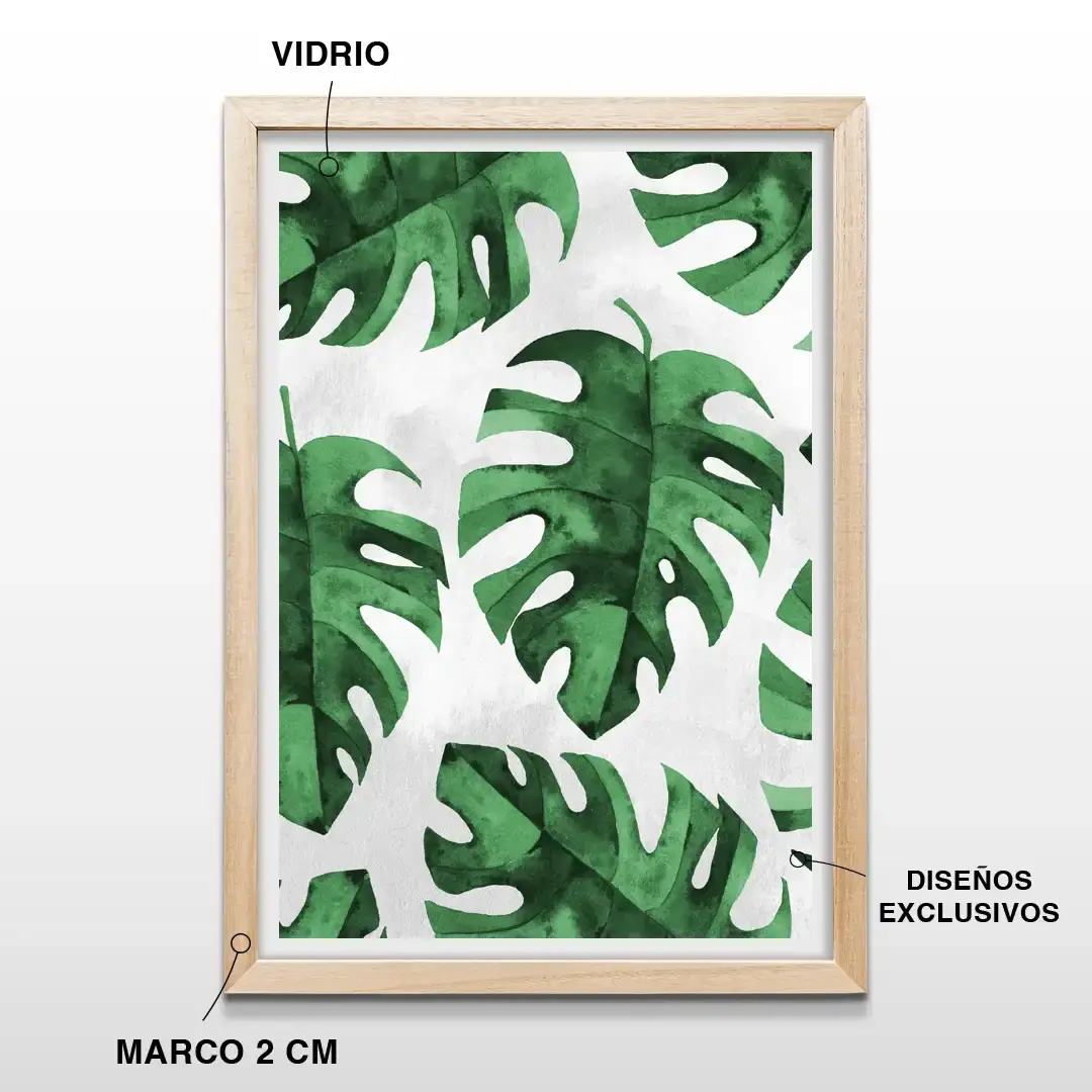 Cuadro decorativo de hoja de monstera verde vibrante, marco de madera de 2 cm, vidrio protector y lámina de arte botánico en alta resolución