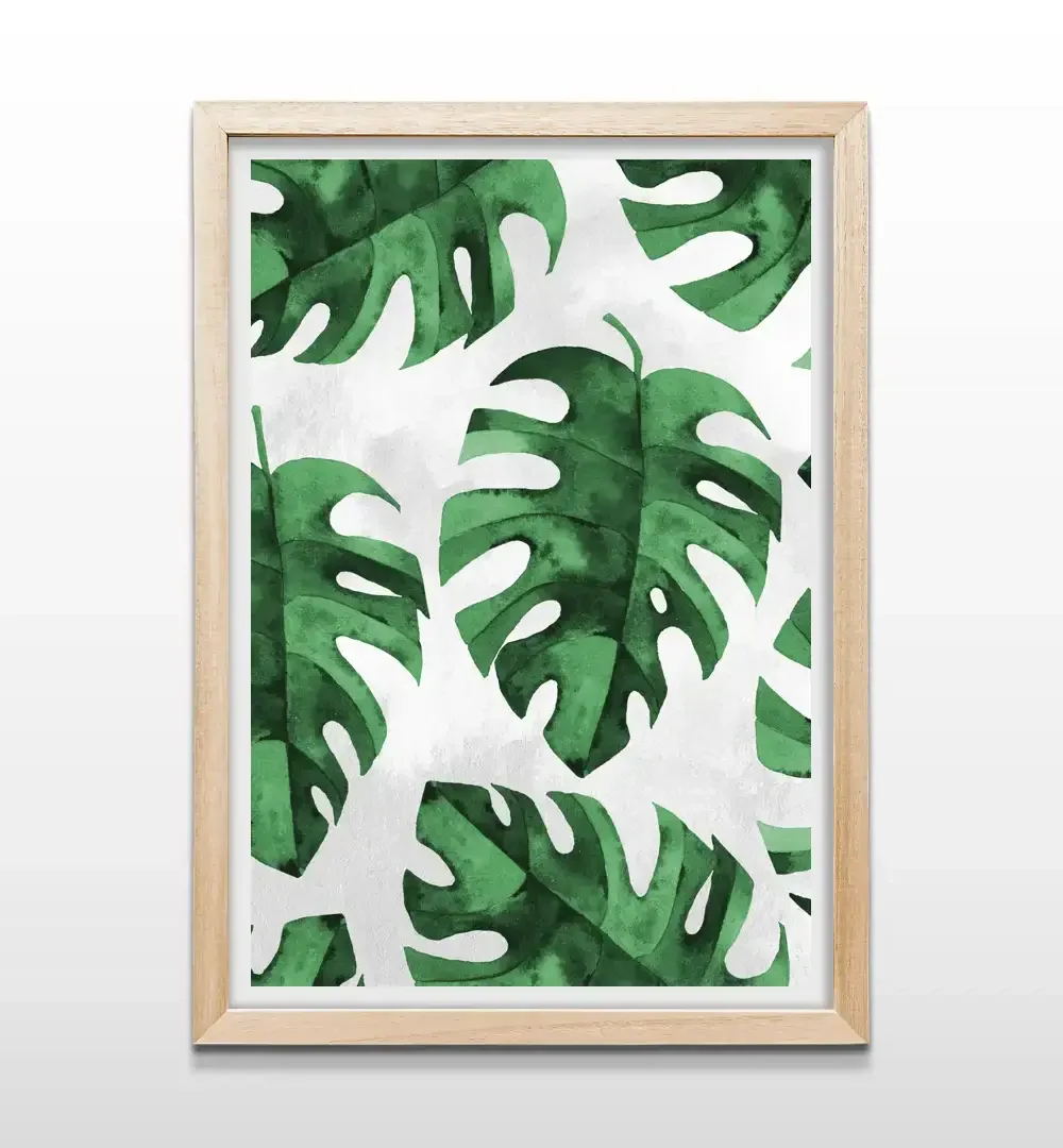 Cuadro de monstera con marco de madera natural, decoración de pared de estilo tropical y orgánico para livings, balcones cerrados y dormitorios