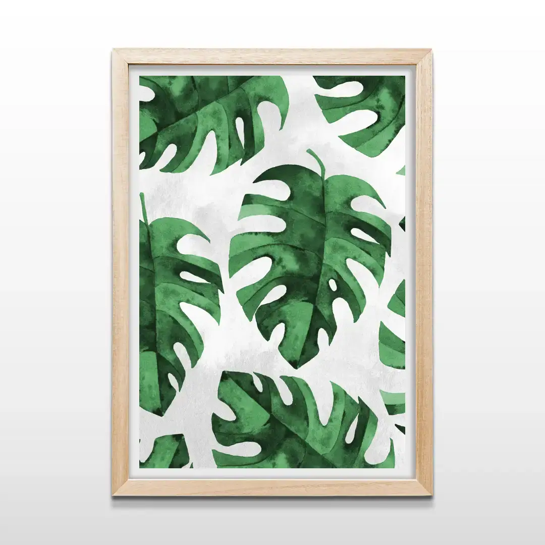 Cuadro de monstera con marco de madera natural, decoración de pared de estilo tropical y orgánico para livings, balcones cerrados y dormitorios
