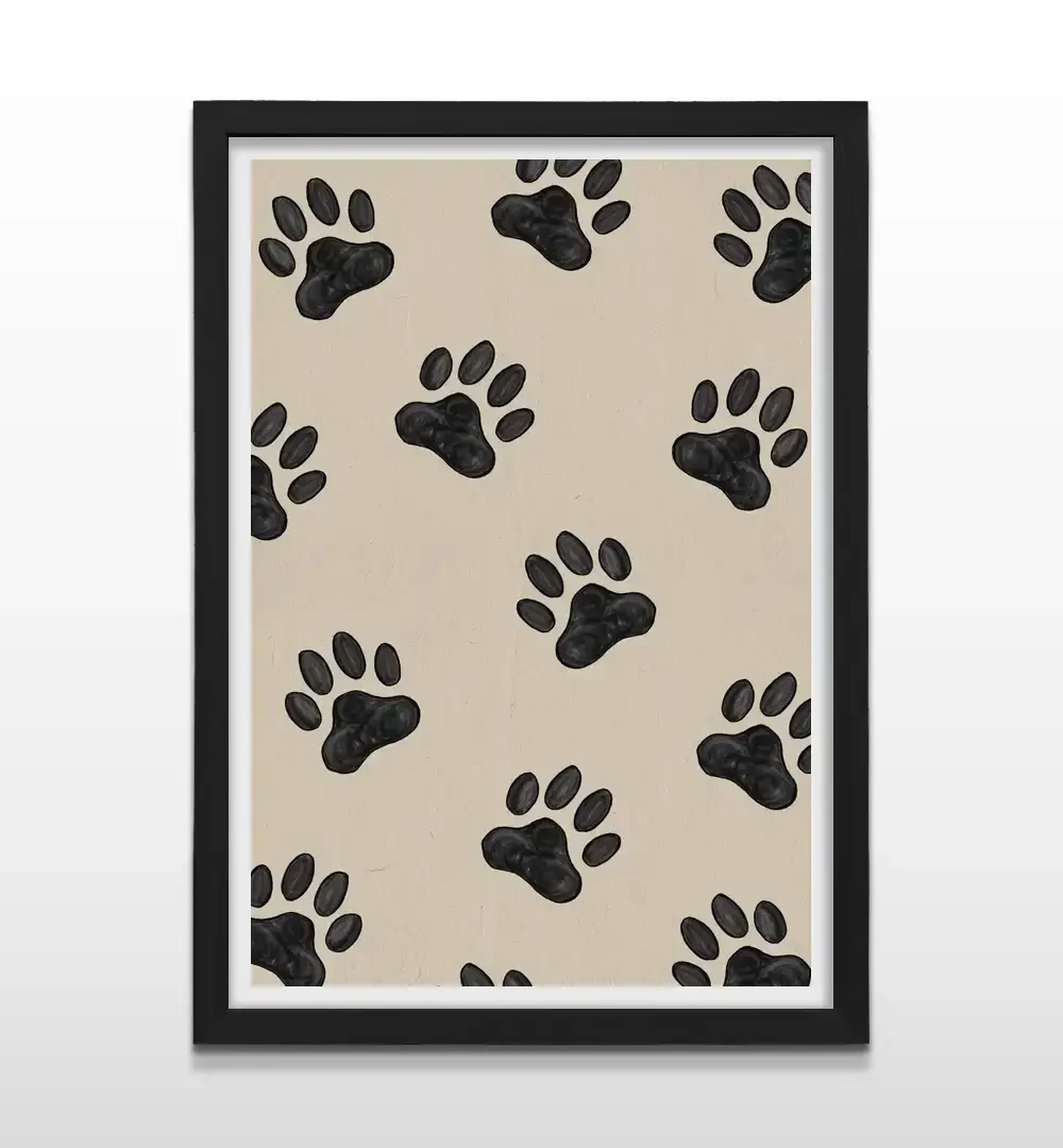 Cuadro moderno de huellas de perro con marco negro, arte de pared contemporáneo y regalo ideal para amantes de las mascotas y el diseño de interiores