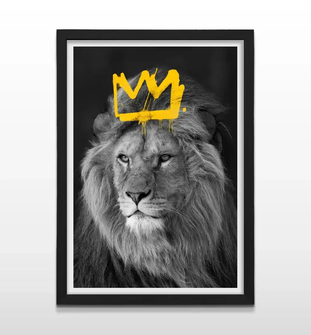 Cuadro moderno de león con corona estilo graffiti con marco negro, arte de pared urbano de alto impacto y regalo ideal para amantes del diseño y el arte pop