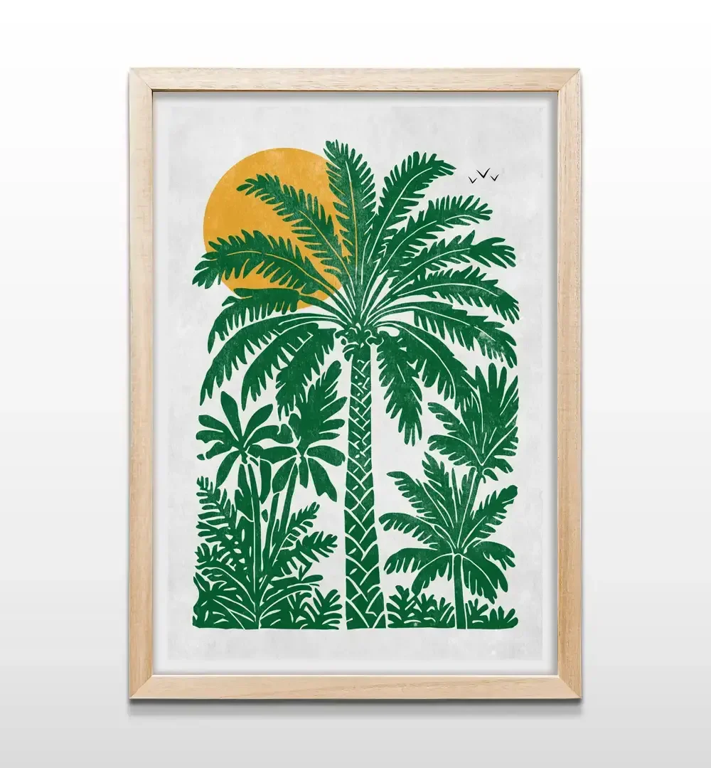 Cuadro de palmeras con marco de madera natural, decoración de pared estilo costero y tropical para dormitorios y salas de estar
