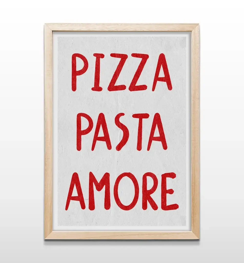 Cuadro de cocina minimalista Pizza Pasta Amore con marco de madera natural, arte de pared elegante para comedores modernos y espacios de estilo nórdico u orgánico