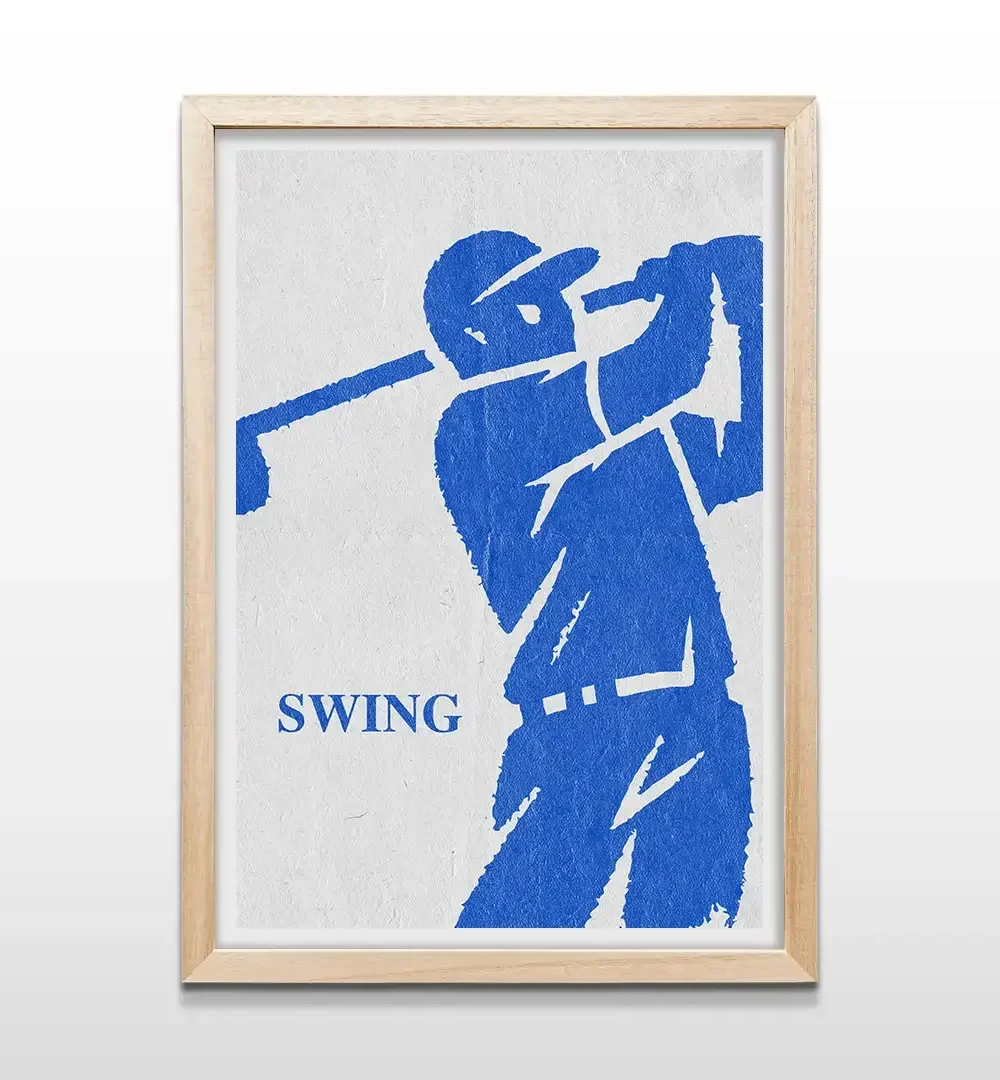 Cuadro de golf minimalista con silueta de swing y marco de madera natural, arte de pared elegante para oficinas modernas y habitaciones de estilo nórdico