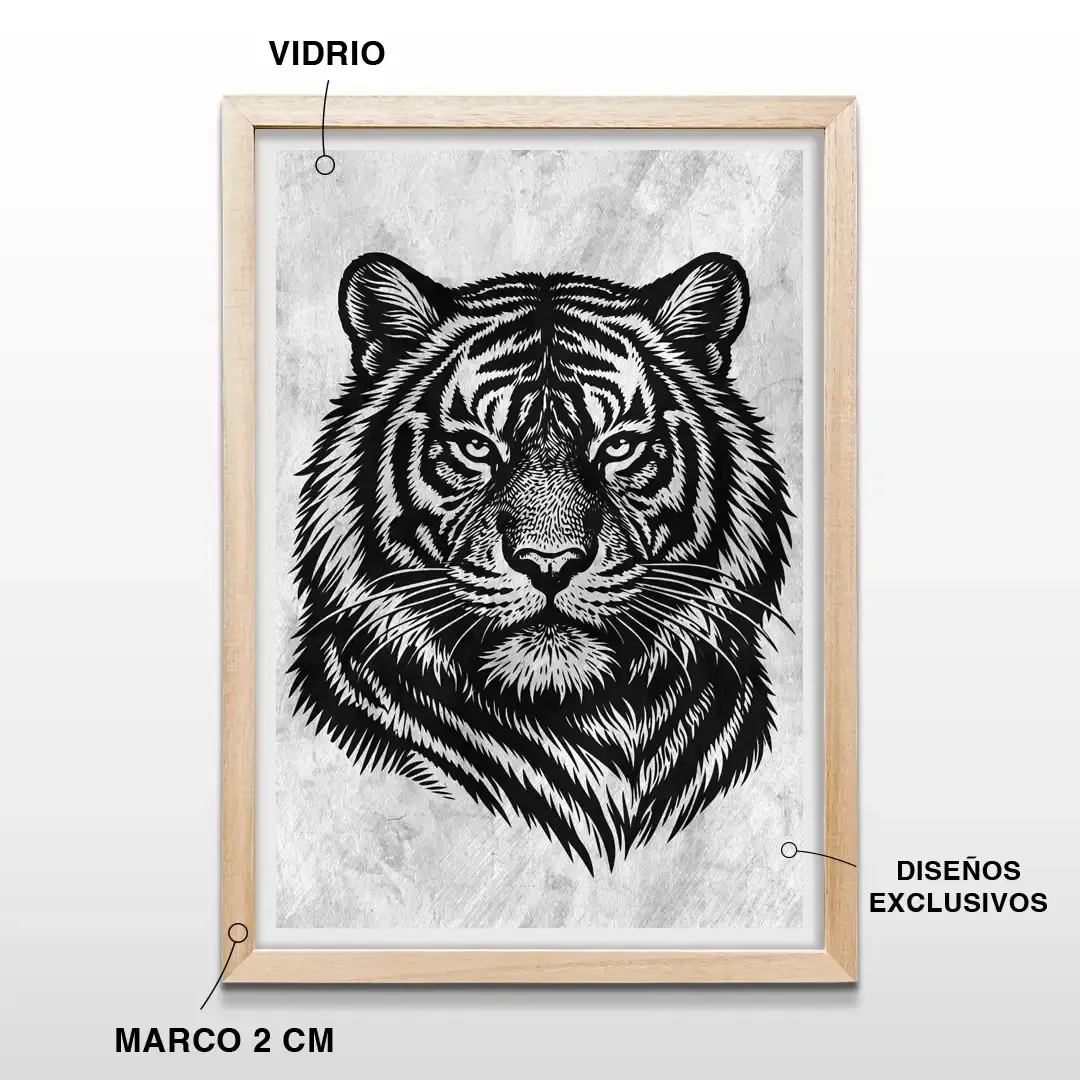 Cuadro decorativo con retrato de tigre en blanco y negro, diseño artístico de fauna salvaje con marco de madera de 2 cm y vidrio protector
