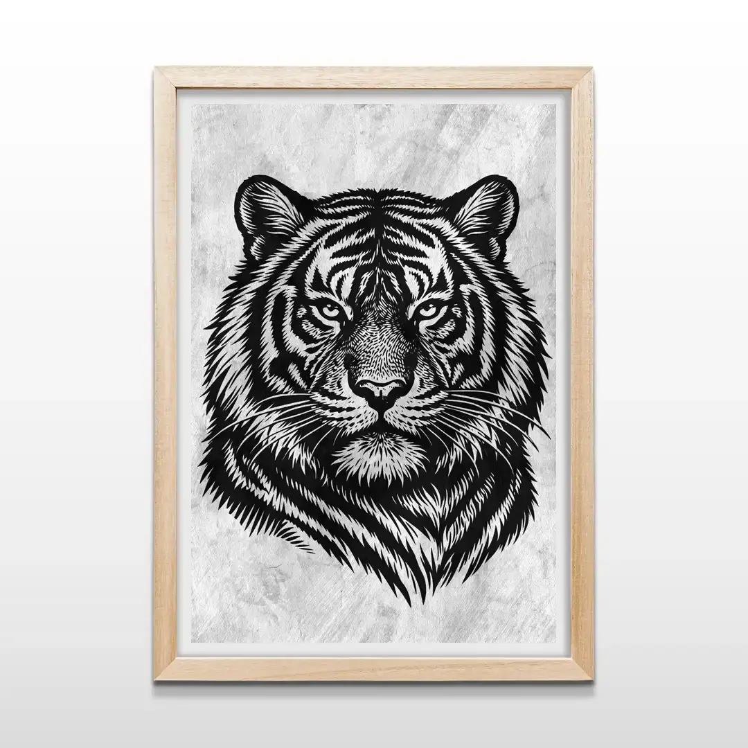 Cuadro de tigre blanco y negro con marco de madera natural, decoración de pared de estilo moderno y orgánico para livings y oficinas