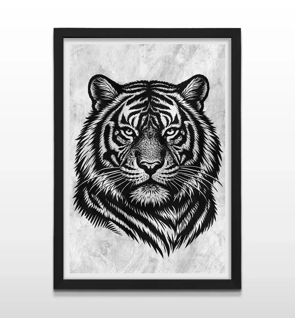 Cuadro moderno de tigre con marco negro, arte de pared de fauna en blanco y negro y regalo ideal para amantes de la naturaleza y el diseño de interiores