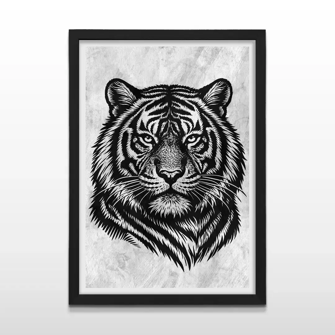 Cuadro moderno de tigre con marco negro, arte de pared de fauna en blanco y negro y regalo ideal para amantes de la naturaleza y el diseño de interiores