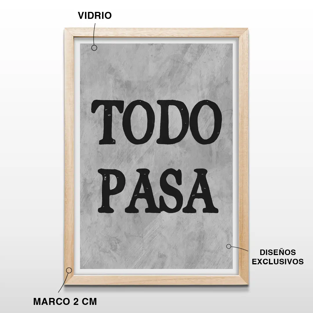 Cuadro decorativo con frase Todo pasa en tipografía minimalista negra sobre fondo blanco, marco de madera de 2 cm y vidrio protector