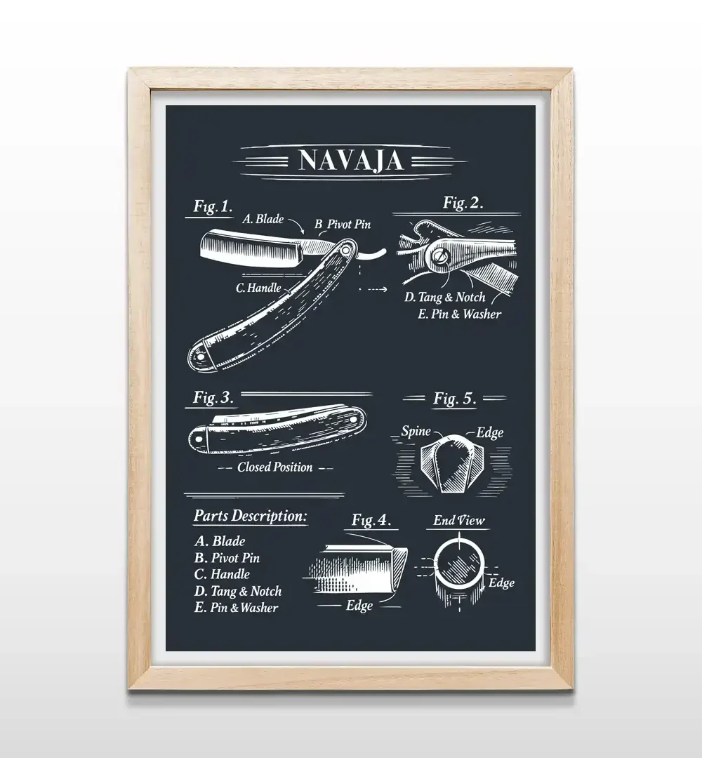 Cuadro de anatomía de navaja clásica con marco de madera natural, arte de pared sofisticado para barberías boutique, salones masculinos y decoración estilo industrial