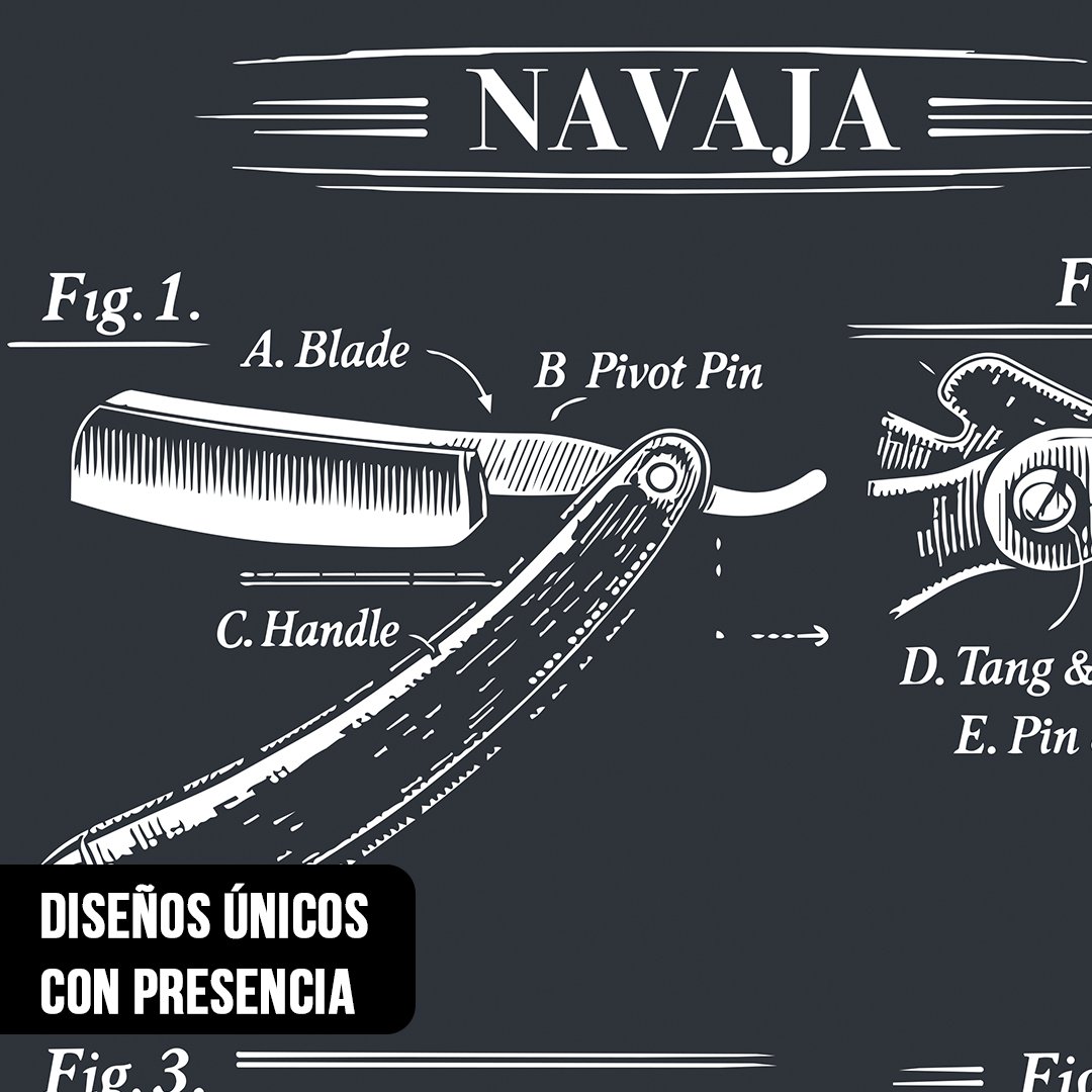 Primer plano de ilustración estilo plano técnico sobre pizarra con el despiece y partes de una navaja de afeitar barbera