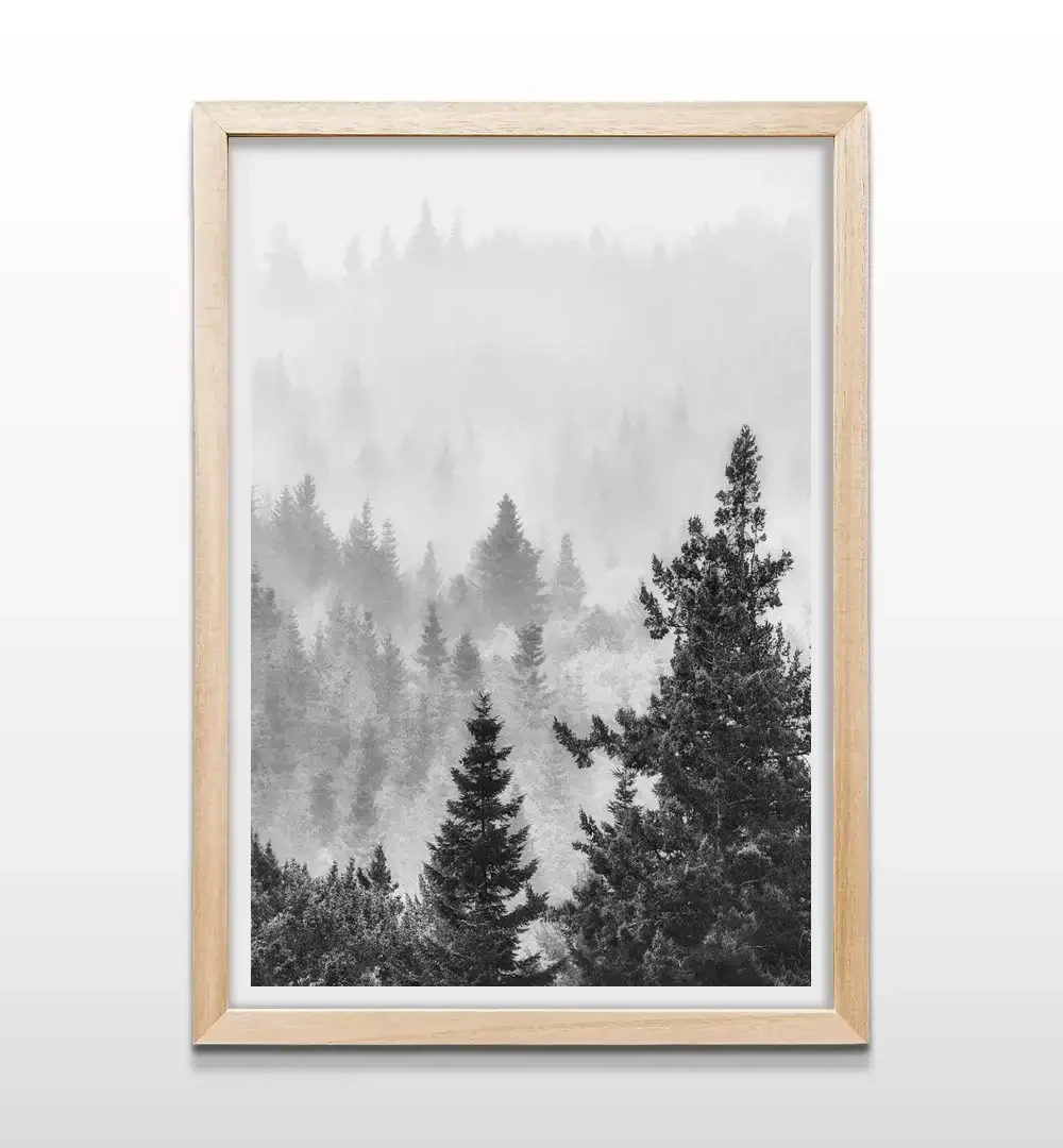 Cuadro de paisaje de bosque en blanco y negro con marco de madera natural, arte de pared de naturaleza para livings modernos y habitaciones de estilo nórdico