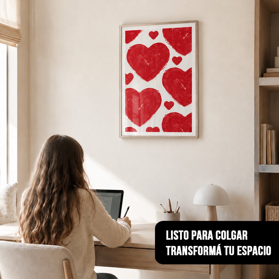 Cuadro vertical con diseño de corazones rojos en marco de madera clara, colgado en un espacio de estudio sobre un escritorio donde trabaja una joven